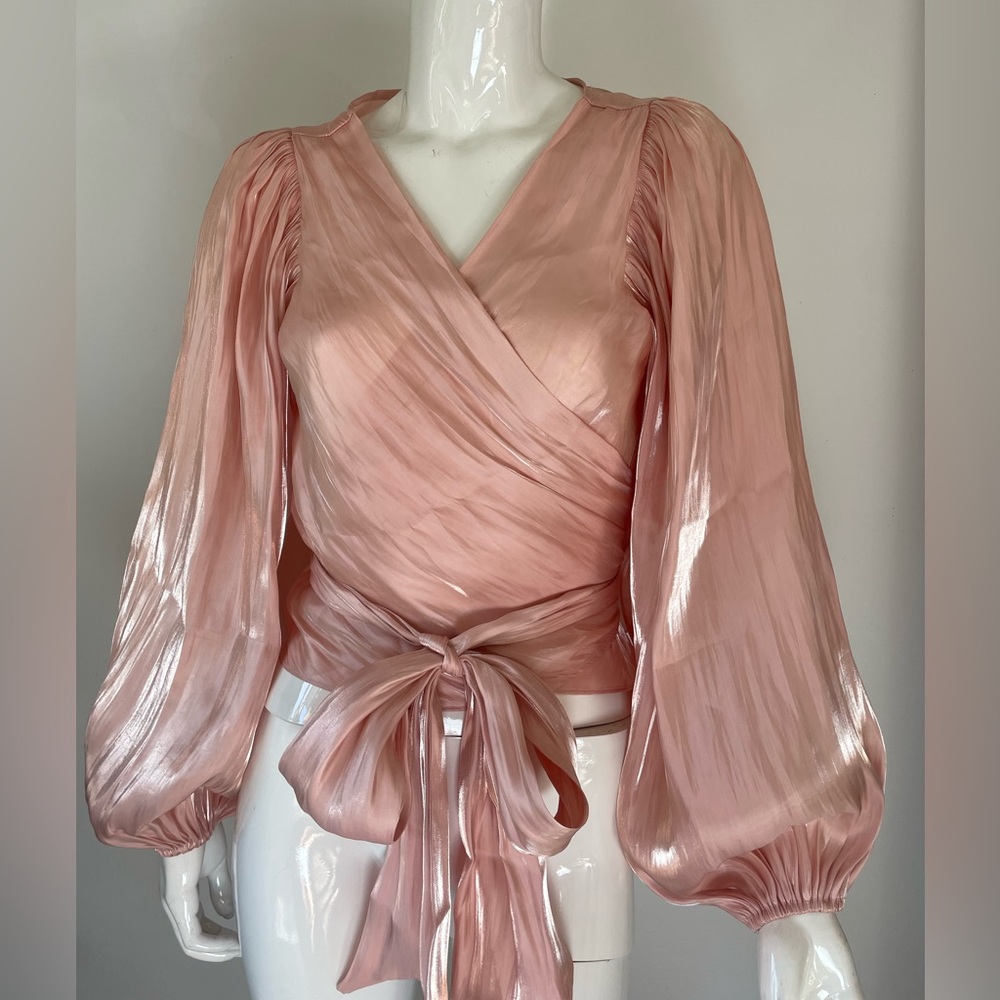Pink Satin Wrap Blouse Balloon Sleeve Tie Waist Silky Top Size S - Picture 4 of 4